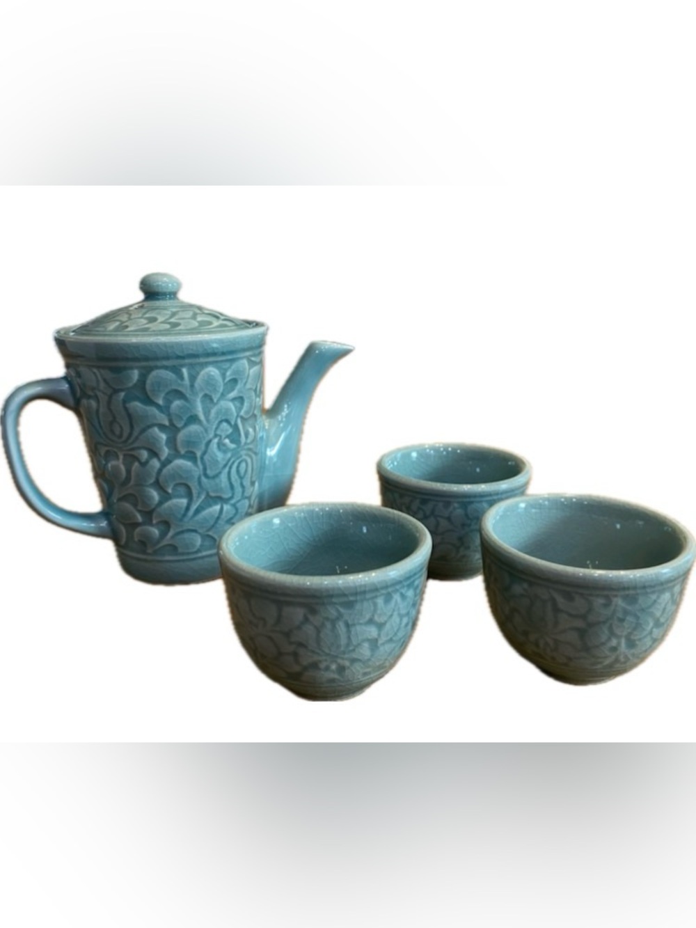 Ceramic Teapot and Cup Set in Celadon Blue - NIB